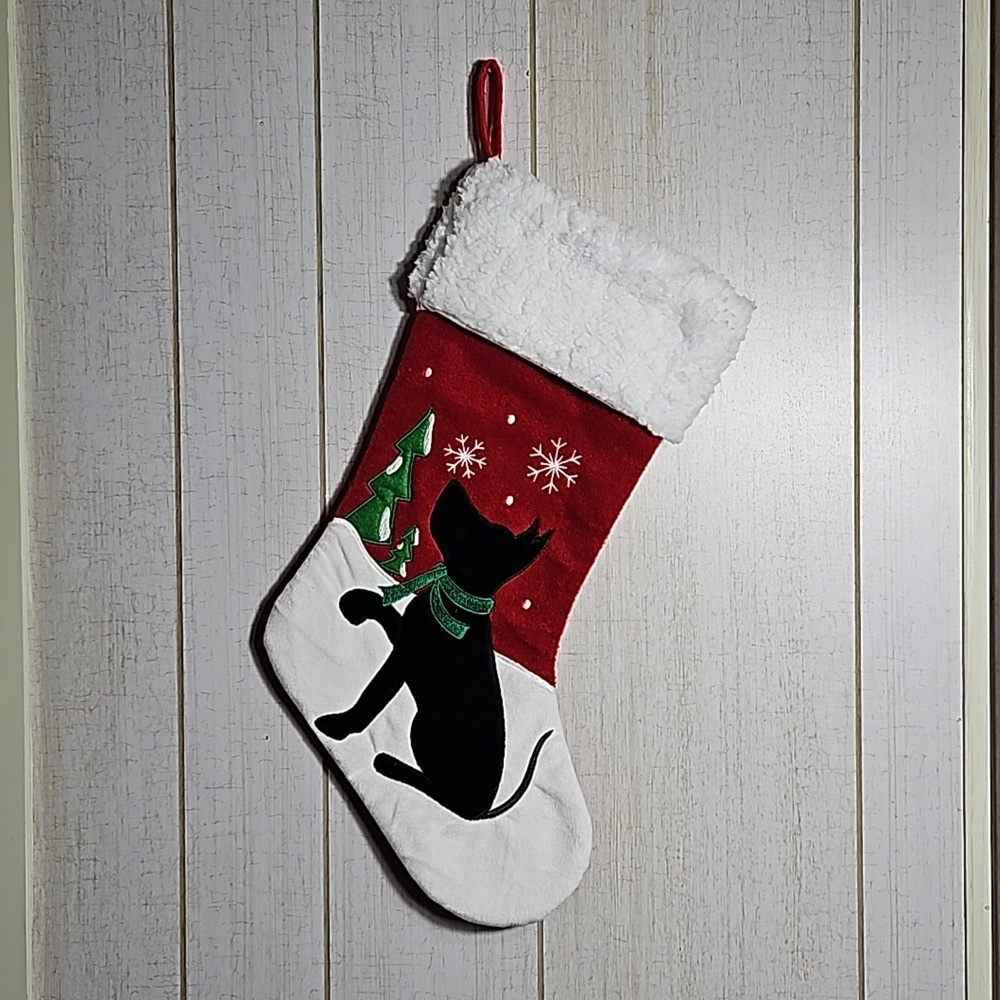 Christmas Stocking Black Puppy w Bow, tree and scarf.  18.5" x 11" approx